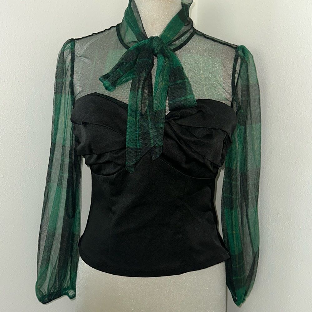 7th Ave New York black corset green sheer tartan plaid blouse top S small